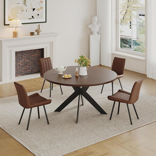 45.3" Walnut Round Dining Table Set with 4 Chairs – Mid-Century Modern Small-Space Kitchen & Dining Room Furniture for Apartment or Breakfast Nook (Walnut – Table + 4 Brown Chairs)