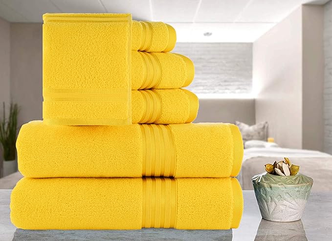 CASA COPENHAGEN Zero Twist, 6 Pieces Set 100% Cotton 0" Twist Towel Set- Butter Yellow, 600 GSM, 2 Bath, 2 Hand, 2 Washcloths Made from Egyptian Cotton, Ultra Soft Luxury Towels for Bathroom.