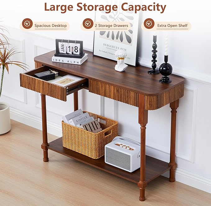 43.3” Console Table with 2 Drawers, Modern Retro Entryway Table with Fluted Panel & Storage Shelf, Narrow Wood Behind Couch Sofa Table for Living Room, Foyer, Hallway(Walnut)