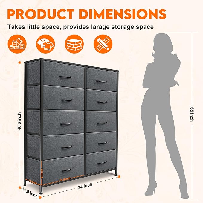 Dresser for Bedroom with 10 Drawers, Chest of Drawers, Storage Drawers Organizer Unit, Grey Wide Fabric Dresser with Fabric Bins for Closet, Living Room, Entryway (Grey and Charcoal Black)