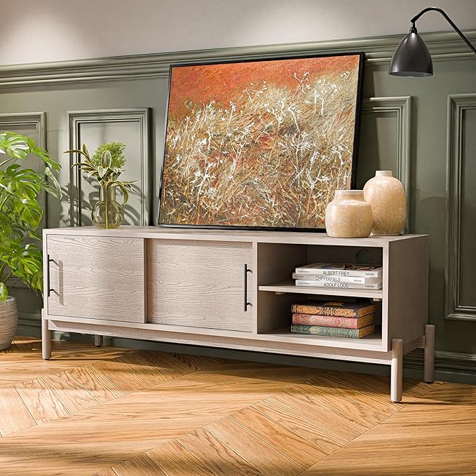 Bme Lyra 65 Inch Solid Wood TV Stand - Easy Assembly - Entertainment Center with Storage - Mid Century TV Console for Living Room, Bedroom, Guest Room, Oak Light Grey