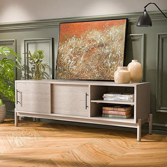 Bme Lyra 65 Inch Solid Wood TV Stand - Easy Assembly - Entertainment Center with Storage - Mid Century TV Console for Living Room, Bedroom, Guest Room, Oak Light Grey