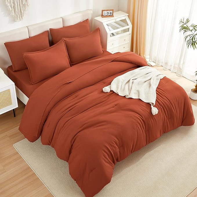 Litanika Burnt Orange Comforter King Size Set - 7 Pieces Terracotta Bed in a Bag King Bedding Comforter Sets, Plain Lightweight Bed Set with Comforter, Sheets, Pillowcases & Shams