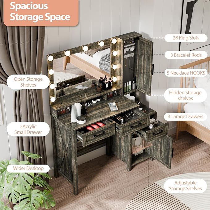 Farmhouse Makeup Vanity, Vanity Desk with Square Mirror, Tricolor Lighting Adjustment & Built-in Charging Station, Multi-Functional Wood Vanity with 2 Drawers & Open Storage Space, Brown