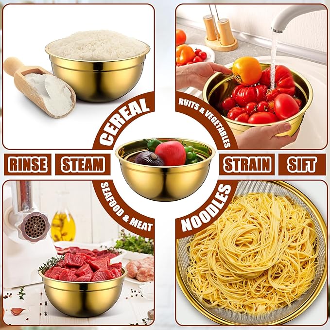 7 Pack Gold Mixing Bowls with Airtight Lids Stainless Steel Mixing Bowl, Metal Nesting Organizers and Stainless Steel Colander Set for Baking Serving Food (0.8,1,1.5,2.0,2.5,4.0 Qt)