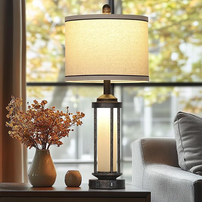 27" Industrial Farmhouse Table Lamp, Vintage Rustic Beside Lamp with USB A+C Charging Ports & AC Outlet, Modern Single Table Lamp with Frosted Glass Night Light for Bedrooms Nightstand Bronze