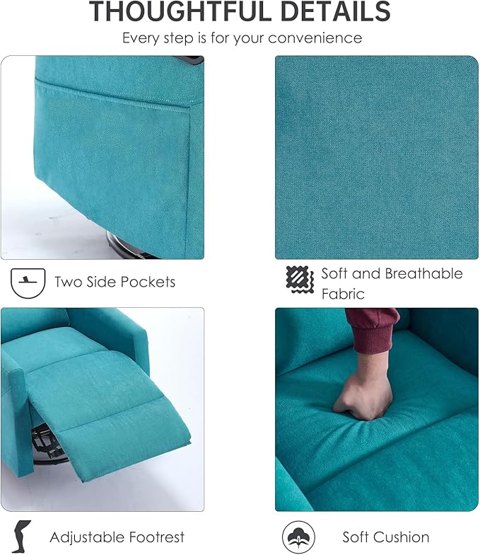 360° Swivel Recliner Chairs for Small Spaces, A Recliner with Side Pockets, Small Rocker Recliner for Living Room, Bedroom, Sky Blue Recliner Chair for Adults