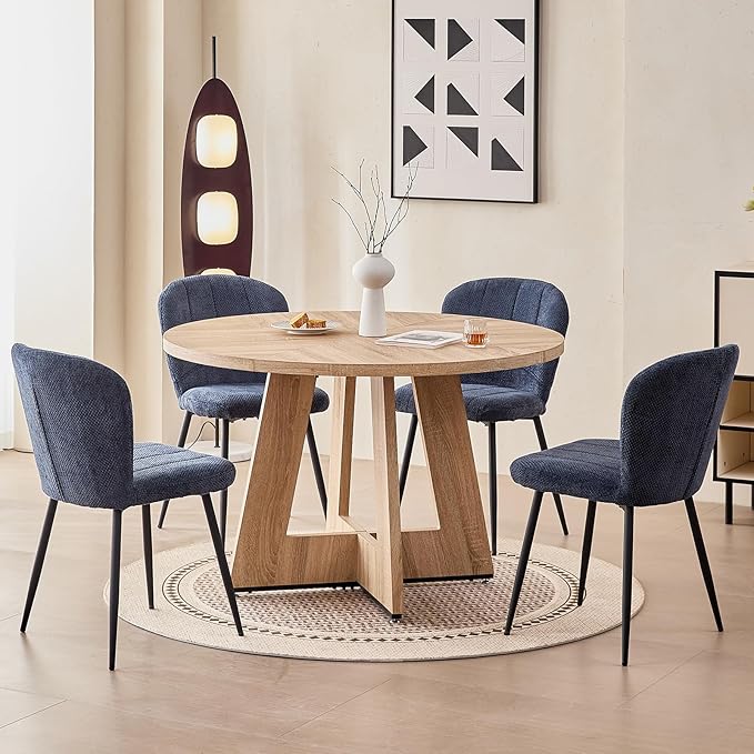 47" Round Dining Room Table Set for 4, [Fanned Base] [1.38" Thick Top] Wood Kitchen Table with 4 Chenille Dining Chairs