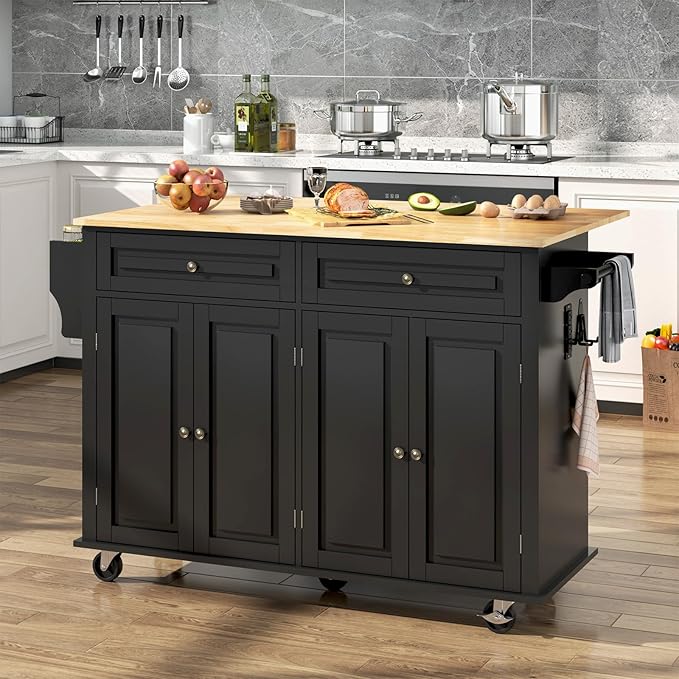 55" Movable Kitchen Island with Drop Leaf and Power Outlet, Rolling Cart with Storage Cabinet, Island Table on Wheels for Kitchen with 2 Drawers, Spice Rack, Towel Bar, Garage Hook, Black