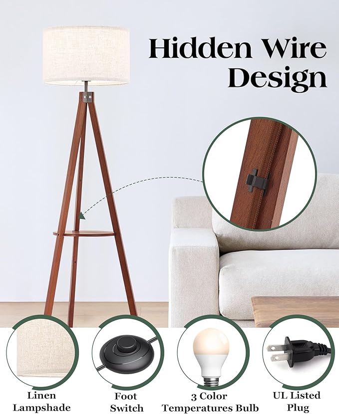 ELYONA Tripod Floor Lamp with Shelves, 3 Color Temperatures LED Modern Wood Table Reading Standing Light, Wooden Shelf Floor Lamp for Farmhouse Living Room Bedroom Office Nature Linen Shade,Brown