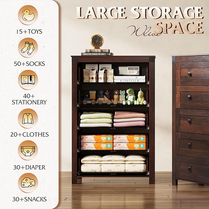 WLIVE Farmhouse Brown Dresser for Bedroom, 5 Drawer Dresser Storage Organizer, Tall Wood Dressers with Double Rustic Handle, Chest of Drawers for Living Room, Hallway, Closet