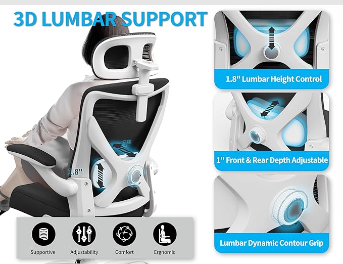 Ergonomic Office Chair - Computer Desk Chair with Adjustable Lumbar Support - 300lbs Executive Desk Chair High Back with Headrest Flip-Up Arms for Long Hours, Rolling Chair (White Black)