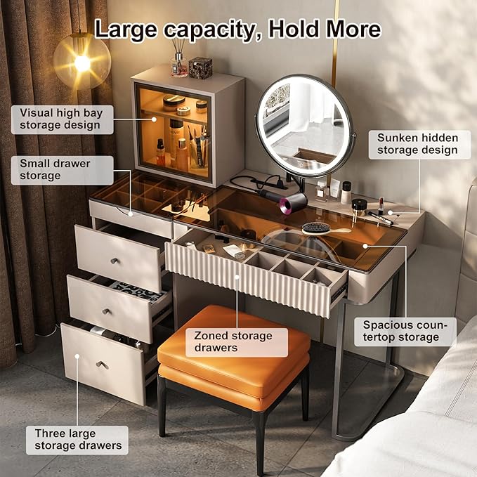 Lartis Vanity Desk with Mirror and Lights | Makeup Vanity Table with Stool Dressing Table with Drawers Vanity with Lighted Mirror and Side Cabinet for Bedroom