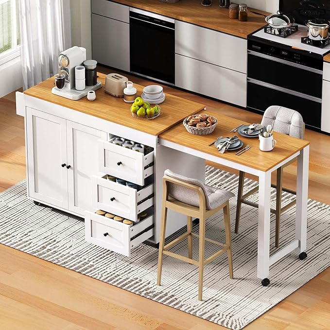 Rolling Kitchen Island on Wheels with Extendable Dining Table, Kitchen Storage Cart with 3 Drawers and Spice Rack, White