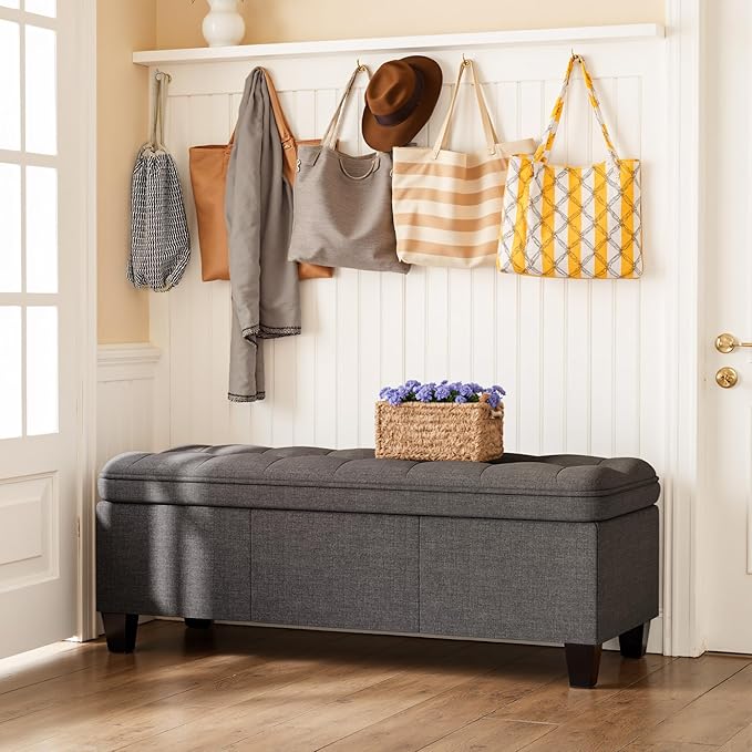 YESHOMY 47 Inches Ottoman with Storage, Storage Bench with Legs, Ottomans for Living Room, Entryway, Adjustable & Movable, Easy Assembly, Linen Fabric Dark Gray