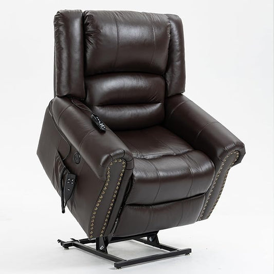 Power Lift Recliner Chair for Elderly, Dual Motor Massage Recliner with Lumbar Heat, Heavy Duty Motion Mechanism Lift Chair with Charge Ports, Genuine Leather - Antique Brown
