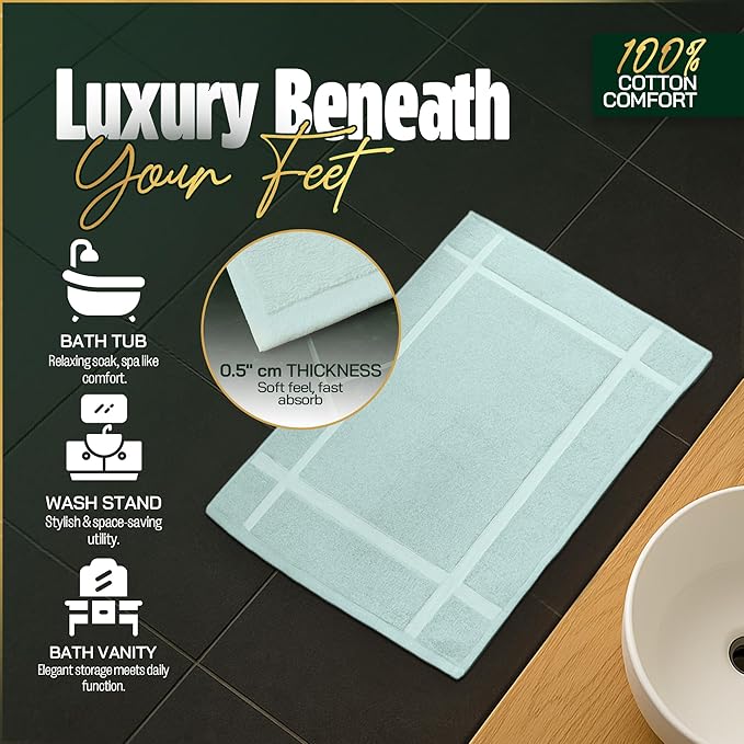 Pearl Linens Pack of 2 100% Cotton Bath Mat 20x30 inches, Soft & Absorbent Quick Dry Bathroom Mat Set, Not Bathroom Rugs, After Shower Mat, Bath Tub Mat, 687 GSM, Machine Washable, Mint Green