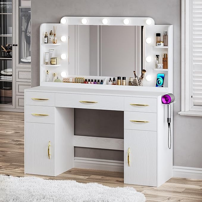 Makeup Vanity Desk with Lights, 45.5" Large Vanity with Mirror and Lights in 3 Models, Vanity with Power Outlet, Vanity Desk with 5 Drawers, 2 Cabinets, Shelves for Bedroom, White