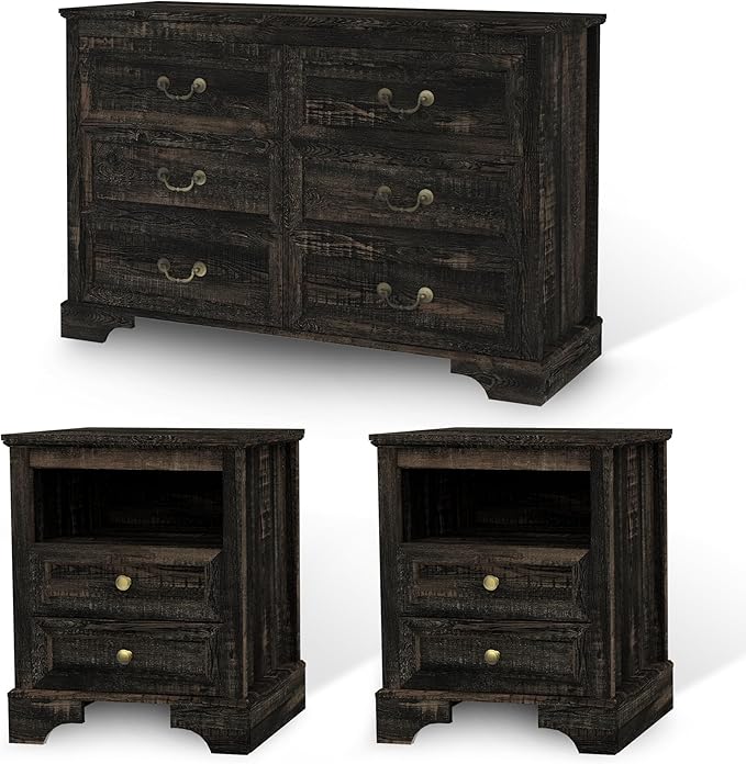 Farmhouse Bedroom Set, 3 Pieces Bedroom Furniture Set, Rustic Wood 6 Drawer Dresser and Nightstands, Chest of Drawers Wide Storage Organizer Cabinet for Bedroom