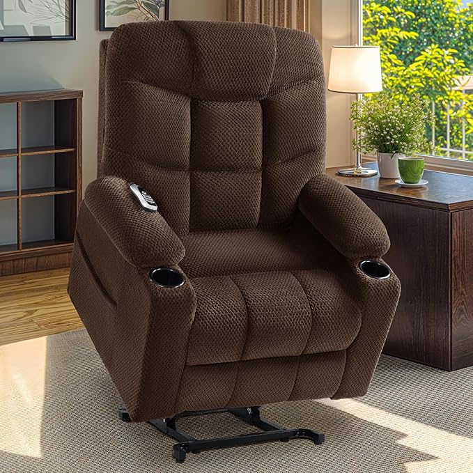 Triple Motor Large-Wide Power Lift Recliner Chair with Power Headrest for Big and Tall Elderly, Infinite Position, Massage Heat, Extend Footrest, USB, Cup Holder, Plush Flannel, Dark Brown