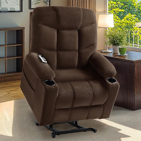 Triple Motor Large-Wide Power Lift Recliner Chair with Power Headrest for Big and Tall Elderly, Infinite Position, Massage Heat, Extend Footrest, USB, Cup Holder, Plush Flannel, Dark Brown