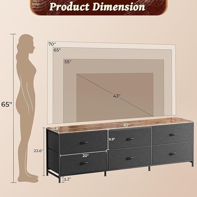 Huuger 63 Inch Long Dresser for Bedroom, Wide TV Stand for 55, 65, 70 Inch TV, 6 Drawer Dresser for Closet with Fabric Drawers, Storage Organizer for Bedroom, Entryway, Rustic Brown and Black