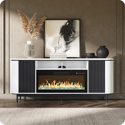 BELLEZE 76" Curved Profile TV Stand with 36" Electric Fireplace, Large Entertainment Center with Storage for TVs up to 80", Modern Media Console Fluted TV Cabinet for Living Room, White