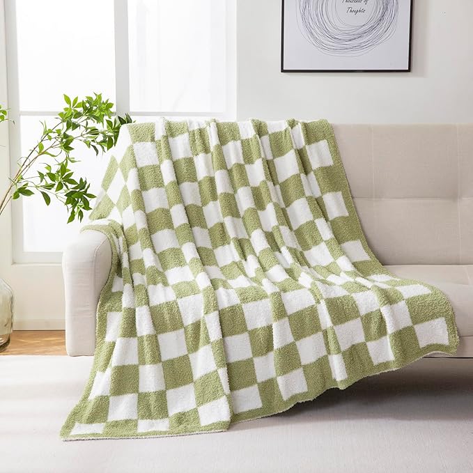YIRUIO Throw Blanket Checkered Chessboard Fluffy Fuzzy Warmer Comfort Reversible Super Soft Cozy for Home Decor Bed Couch Sofa Living Room (Sage Green, 51''x63'')