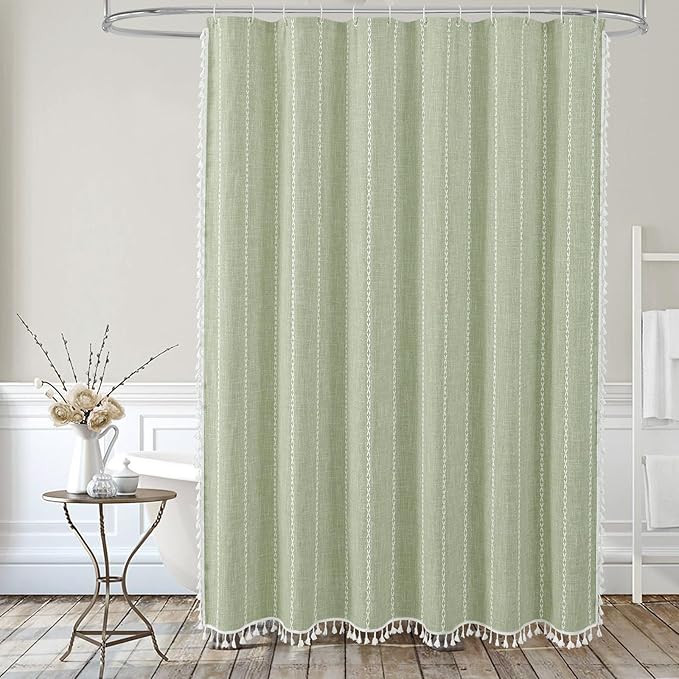 MitoVilla Boho Small Stall Fabric Shower Curtain 36 x 72, Sage Green Half Size Narrow Polyester Linen Tassel Cloth Shower Curtains for Chic Modern Farmhouse Country Bathroom Decor
