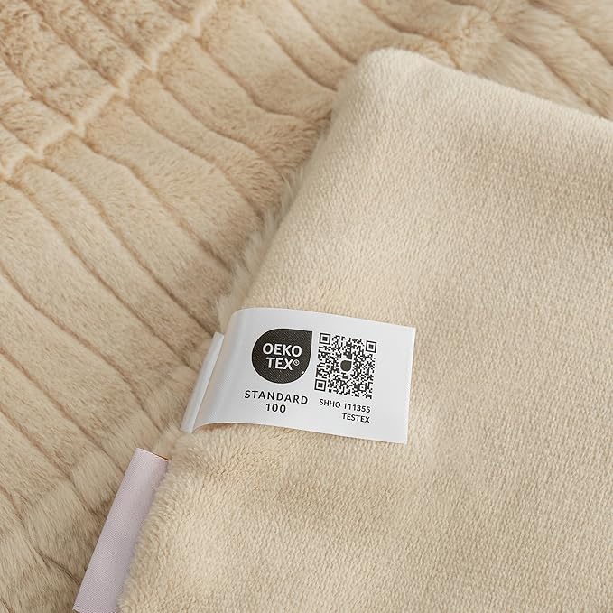 Amélie Home Luxury Striped Faux Fur Throw Blanket for Couch, Embossed Split Fur Cozy Fuzzy Fluffy Luxurious Soft Plush Sofa Chair Bed Gift Blankets for Women Men Wife Friend, 55"x70", Beige