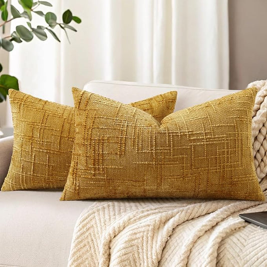 decorUhome Mustard Yellow Chenille Throw Pillow Covers 12x20 Set of 2 Thick Textured Slubby Couch Pillow Covers Farmhouse Accent Modern Neutral Decorative Pillow Cases for Bed Sofa Living Room