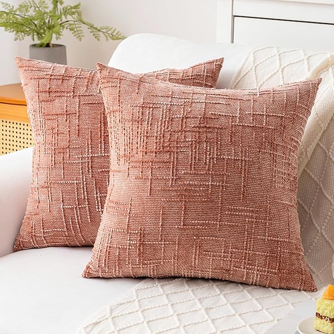 Decorative Throw Pillow Covers 20x20 Inch Set of 2, Soft Solid Farmhouse Chenille Couch Pillows, Spring Pillow Covers for Couch Sofa Bed Living Room Home Decor Pillowcase, Coral
