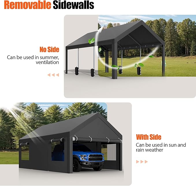 JAMFLY Carport, 12x20 ft Heavy Duty Carport with Roll-up Windows, Portable Garage with Removable Sidewalls & Doors, Car Canopy with Sandbags and All-Season Tarp for Car Boat Truck Motorcycle, Grey