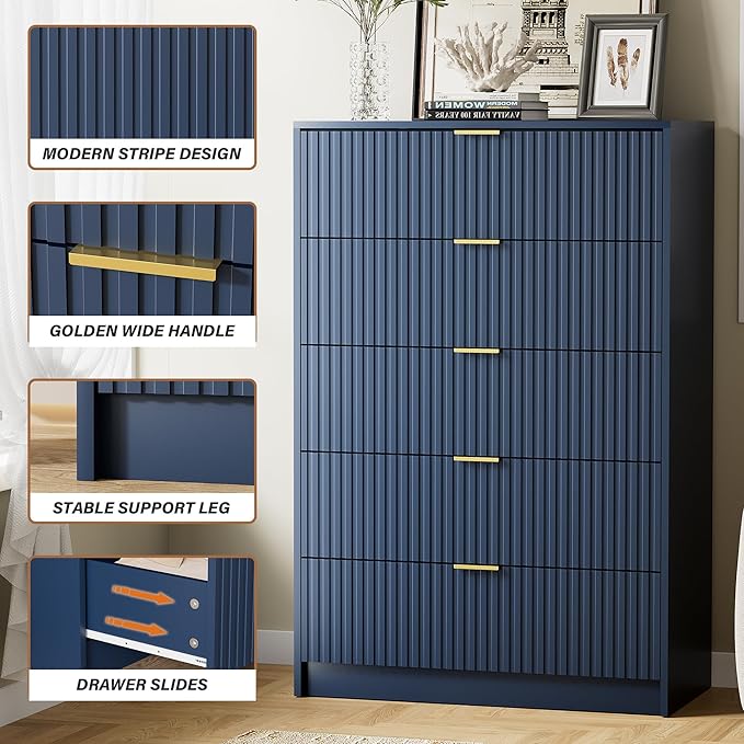 Blue Dresser for Bedroom, Modern Dresser with 5 Drawers and Smooth Slides, Wide Chest of Drawers with Golden Handles for Bedroom, Living Room, Closet, 15.7" D x 31.5" W x 47.2" H