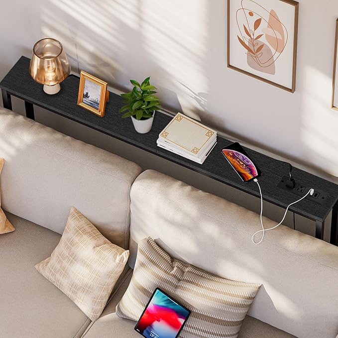 HOOBRO 2 Pack 5.9" Narrow Console Sofa Table with Power Outlets, 47.2" Long Behind Couch Table with Charging Station, Skinny Sofa Table for Living Room, Foyer, Black BB15XGP201G1