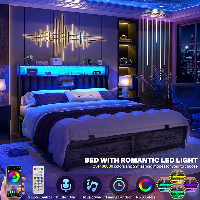 Aheaplus Queen Size Bed Frame with Charging Station & Led Lights, Platform Bed with Leather Upholstered Headboard and Storage, Metal Slats Support No Box Spring Needed, Noise-Free,-B6, Black Oak