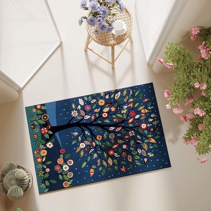 Door Mat Indoor Entrance 2x3 Rug Floral Tree Machine Washable Small Area Rug Bohemian Non-Slip Low Pile Throw Rugs for Entryway, Kitchen, Front Door Indoor Entrance, Entry, Kids Room, Blue