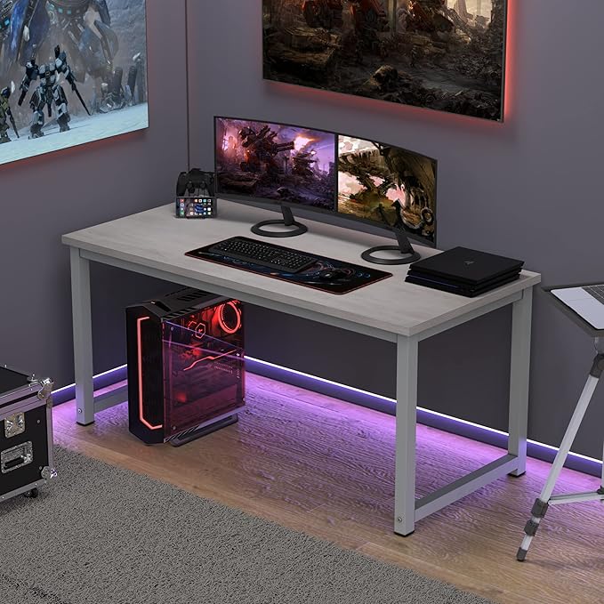 NSdirect 63" Large Computer Desk,Modern Simple Style PC Table Office Desk Wide Workstation for Study Writing,Gaming and Home Office,Extra 1" Thicker Wooden Tabletop and Black Metal Frame,Stone White