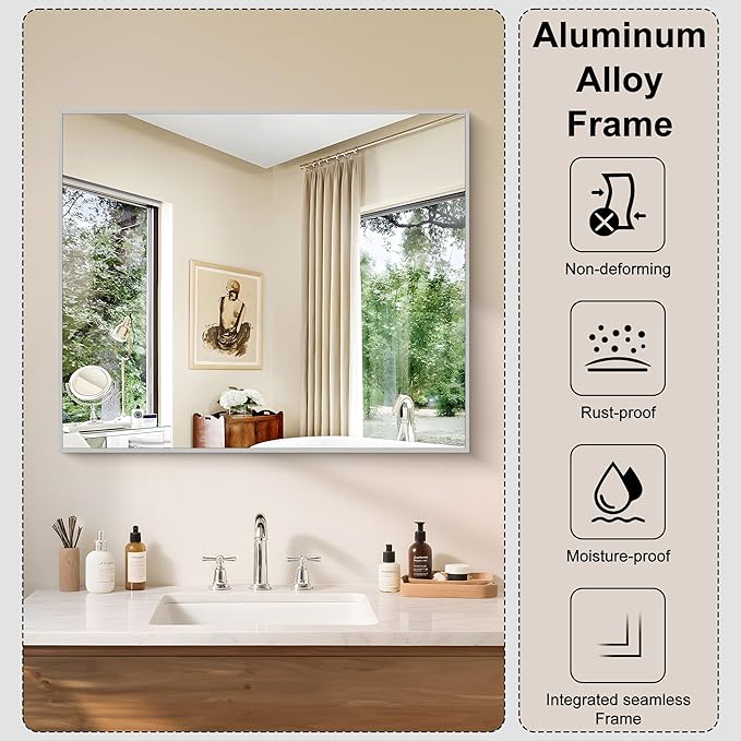KOCUUY Silver Framed Mirror, 30"x36" Rectangle Bathroom Mirror for Wall, HD Tempered Glass, Anti-Rust Frame, Modern Design for Bathroom, Bedroom, Living Room, Entryway