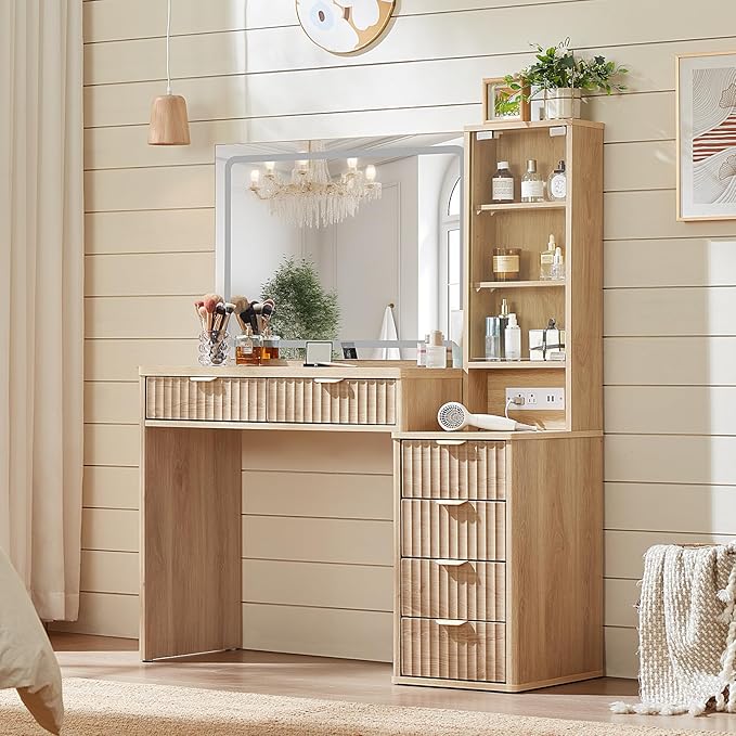 LEYAOYAO Vanity Desk with Mirror and Lights, 43.5'' Fluted Makeup Vanity with 6 Drawers and Adjustable Shelves, Glass Top Make Up Vanity, Girls Wood Dressing Table with Power Outlet for Bedroom