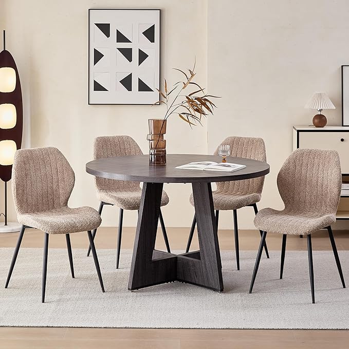 47" Round Dining Room Table Set for 4, [Fanned Base] [1.38" Thick Top] Wood Kitchen Table with 4 Boucle Dining Chairs