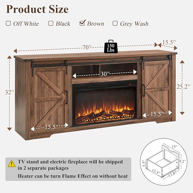 Farmhouse Fireplace TV Stand for 80 Inch TV, 32" Tall Entertainment Center w/Drawer & Sliding Barn Door, 70 Inch Highboy Media Console for Living Room, Brown