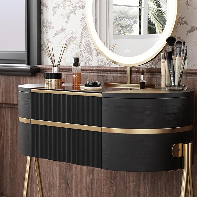 Makeup Vanity with Mirror and Lights - with LED Mirror,Very Easy to Assemble,Glass Top for Bedroom,Stainless Steel Foot