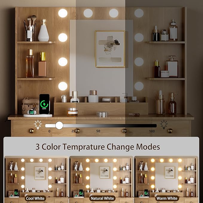 Vanity Desk with Mirror and Lights, Wood Makeup Vanity with Charging Station & Stool, 3 Drawers and Cabinets, Farmhouse Vanity Mirror with RGB LED Lights Makeup Desk and Chair for Women