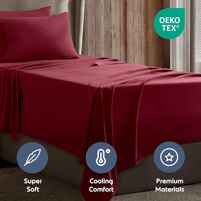 Nestl Twin XL Sheet Set - College Dorm Size - Luxury 1800 Ultra-Soft Microfiber Twin Extra Long Bed Sheets - Deep Pockets - Easy Fit - Extra Soft - 3 Piece Set (Twin XL, Burgundy Red)