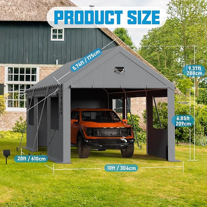10x20 Carport Canopy, Heavy Duty Car Ports with Sidewalls, Portable Garage Carports with Roll Up Zipper End & Side Doors, Grey