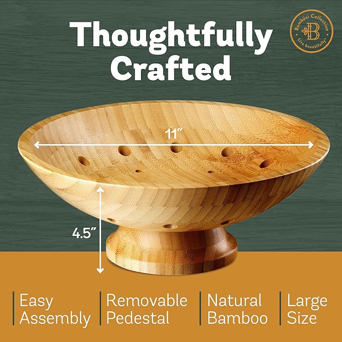 Fruit Basket Fruit Bowl for Kitchen Counter - Wooden Pedestal Bowl with Ventilation Holes, Decorative Bamboo Holder, Wooden Serving Frutero for Produce and Vegetable Storage, Wood Decorative Gift Idea