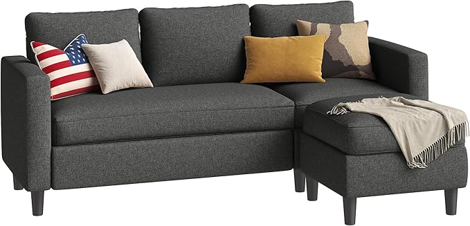 Shintenchi Small Sectional Couch Sofas, 3 Seat L Shape Sofa with Ottoman, Fabric Upholstered Convertible Sofa Couches, Small Couch for Apartments, Living Room and Office (Black)