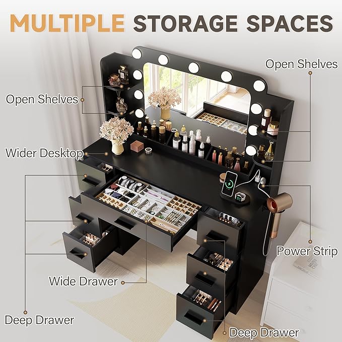 YESHOMY Vanity Desk with Large Lighted Mirror, Power Outlet and 11 Lights, Makeup Table with 7 Drawers and 3 Desktup Storage Units, 3 Color Modes Available for Bedroom, Black