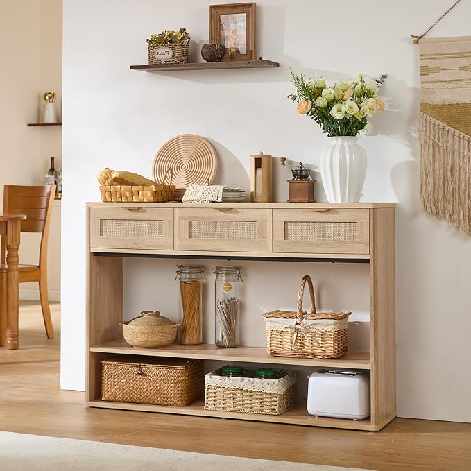 LEYAOYAO 48" Boho Rattan Console Table with 3 Drawers Set of 2,Wooden Entryway Table with Open Storage Shelf, 3 Tier Narrow Long Behind Couch Sofa Tables for Living Room, Hallway, Foyer, Natural Wood